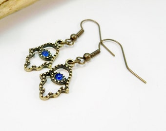 Bronze Hand Dangle Earrings with Blue Rhinestones