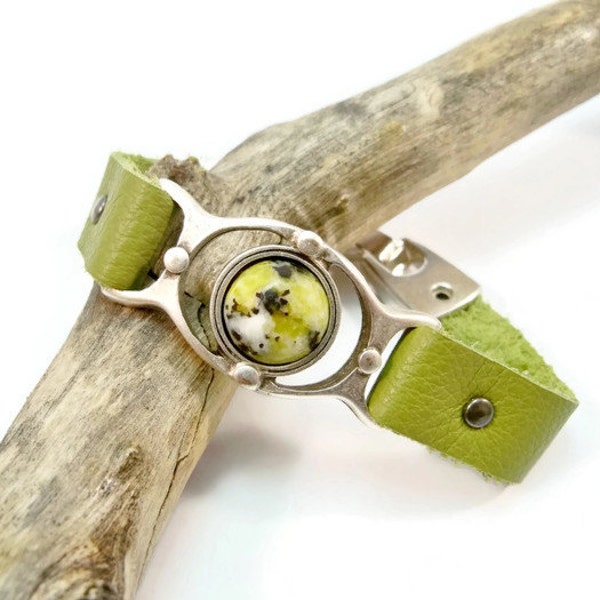 Green Leather Bracelet, Ryolite Gemstone, Leather Bracelet, Gift for Her, Silver and Leather, Green Leather