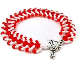 Red Crystal Beaded Bracelet, Silver Dragonfly Clasp