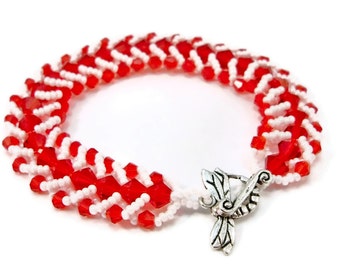 Red and White Beaded Bracelet, Bead Woven Bracelet, White and Red Bracelet, Hand Beaded Bracelet, Beaded Bracelet, Red Crystal Bracelet