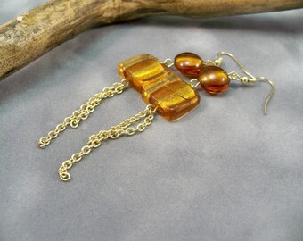 Topaz Glass Bead Dangle Earrings, Gold Chain Earrings