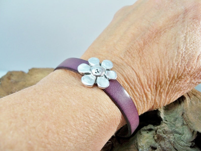 Leather Bracelet, Silver Flower Bracelet, Purple Leather Bracelet, Silver and Leather, Purple, Silver Flower and Leather, Silver Bracelet image 8