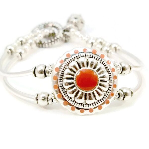 Handmade Silver Double Strand Bracelet, Orange Accent Bead, Toggle Cuff
