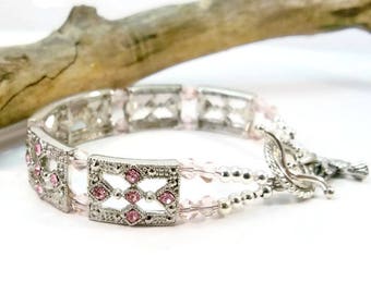 Pink and Silver Crystal Bracelet, Silver Cuff Bracelet, Swarovski Crystal Bracelet, Silver Bracelet, Gifts for Her