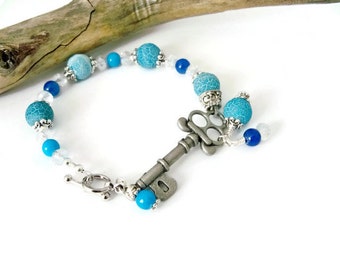 Skeleton Key Bracelet, Antique Silver, Blue Glass Beaded Dangles
