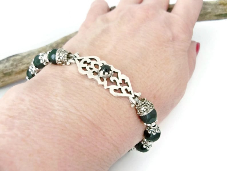 silver bracelet with black beads for women