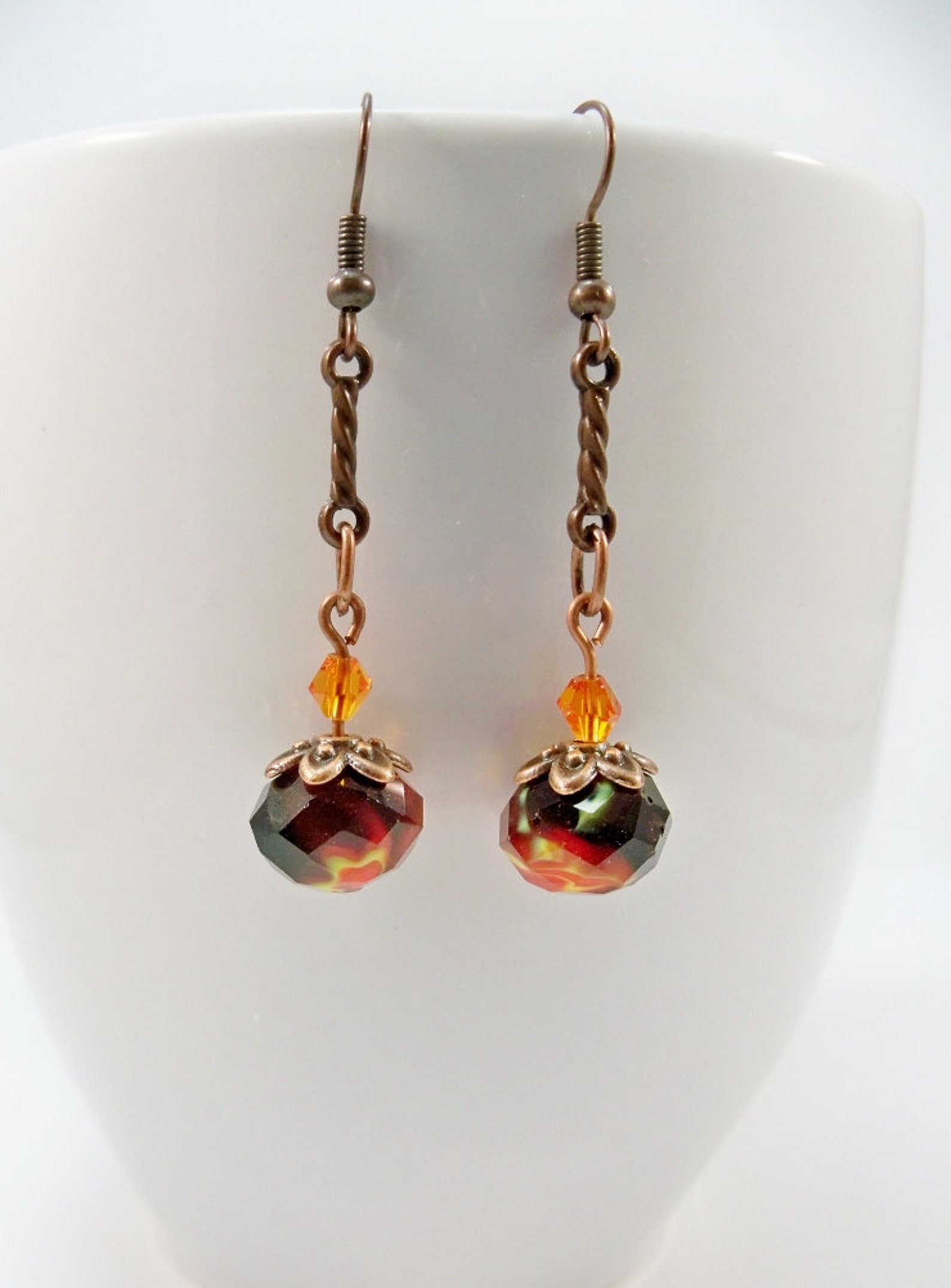 Copper Long Earrings Lampwork Bead Earrings Orange Black Etsy