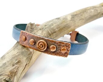 Turquoise Denim Leather Bracelet with Hammered Copper Adornments