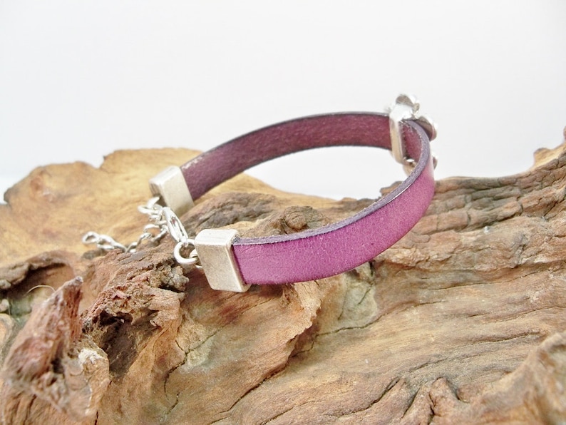 Leather Bracelet, Silver Flower Bracelet, Purple Leather Bracelet, Silver and Leather, Purple, Silver Flower and Leather, Silver Bracelet image 4