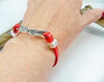 Angel Wing Leather Bracelet, Silver Slider, Magnetic Clasp