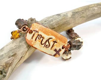 Inspirational Ceramic Cuff Bracelet, Cross and Trust Bracelet, Pottery Cuff Bracelet, Bone and Wooden Beads, Rustic Designs