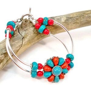 Turquoise and Red Silver Bracelet, Southwestern Bracelet, 2 Strand Bracelet, Silver Jewelry, Cuff Bracelet, Bangle Bracelet