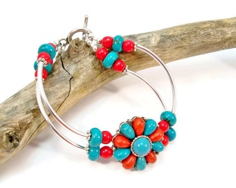 Turquoise and Red Silver Bracelet, Southwestern Bracelet, 2 Strand Bracelet, Silver Jewelry, Cuff Bracelet, Bangle Bracelet