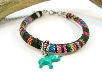 Elephant Bracelet, Turquoise Charm, Multi-Color Cloth Cord, Boho Style