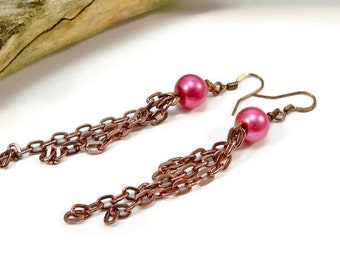 Long Copper and Pink Glass Pearl Earrings, Dangle Earrings, Chain Earrings, Pearl and Chain Earrings, Dangle and Drop Earrings