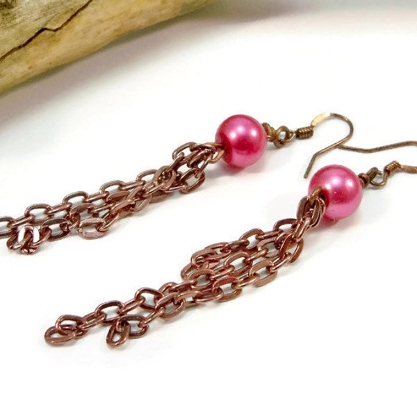 Long Copper and Pink Glass Pearl Earrings, Dangle Earrings, Chain Earrings, Pearl and Chain Earrings, Dangle and Drop Earrings