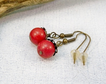 Red Gemstone Dangle Earrings | Antique Bronze Bead Caps