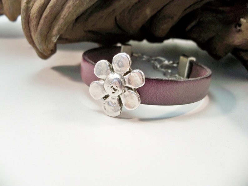 Leather Bracelet, Silver Flower Bracelet, Purple Leather Bracelet, Silver and Leather, Purple, Silver Flower and Leather, Silver Bracelet image 1