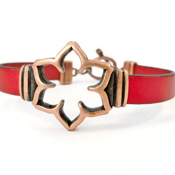 Copper and Red Leather Bracelet, Copper and Leather, Copper Flower, Gift for Her, Copper Bracelet