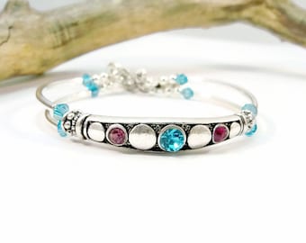 Blue Crystal Silver Bracelet, Multi Colored Rhinestones, Handmade Jewelry
