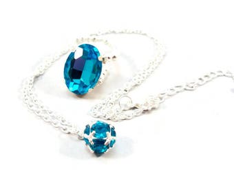 Aquamarine Crystal Necklace and Stretch Ring Set, March Birthstone