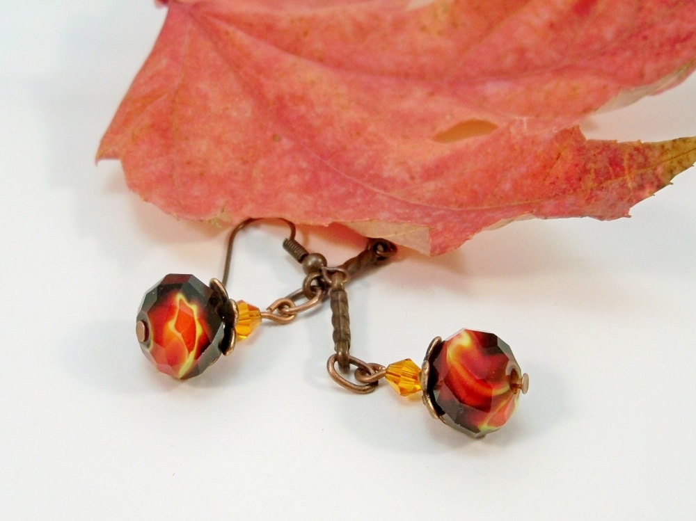 Copper Long Earrings Lampwork Bead Earrings Orange Black Etsy