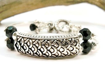 Black Glass Bead Cuff Bracelet, Silver Curved Tube, Toggle Clasp