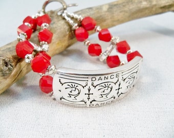 Red Bead Kokopelli Bracelet, Southwestern Silver Cuff