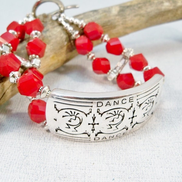 Red and Silver Kokopelli Bracelet, Southwestern Kokopelli Bracelet, Bangle Bracelet, Red Bracelet, Silver Cuff Bracelet, 2 Strand Bracelet