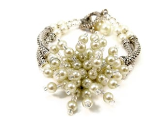 Handmade Double Strand Pearl Bracelet, Silver Bali Accents