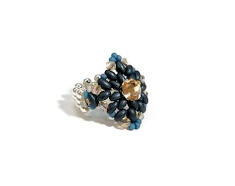 Handmade Denim Blue Beaded Ring, Swarovski Crystal, Stretch Band, Size 7-9