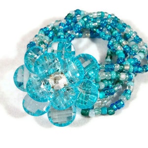 ON SALE  Blue Stretch Bracelet, Glass Beaded Flower Bracelet, Large Flower Bracelet, Womens Bracelet