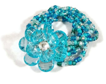 Blue Flower Beaded Stretch Bracelet, Aqua Cabochon