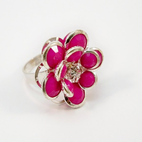 Dark Pink and Silver Cocktail Ring, Adjustable Band for Women, Flower Ring