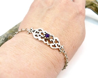 Deep Purple Jade Bracelet, Antique Silver Fretwork Rolo Chain
