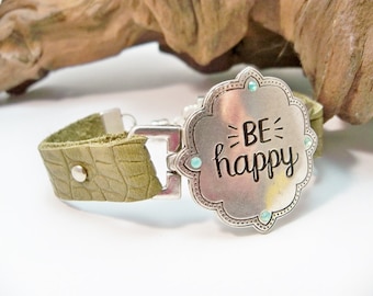 Olive Green Leather Bracelet, Rhinestone "Be Happy" Silver Connector, Magnetic Clasp
