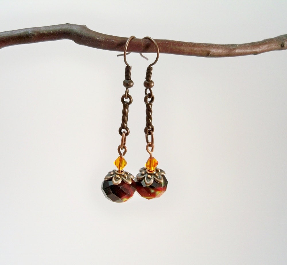 Copper Long Earrings Lampwork Bead Earrings Orange Black Etsy