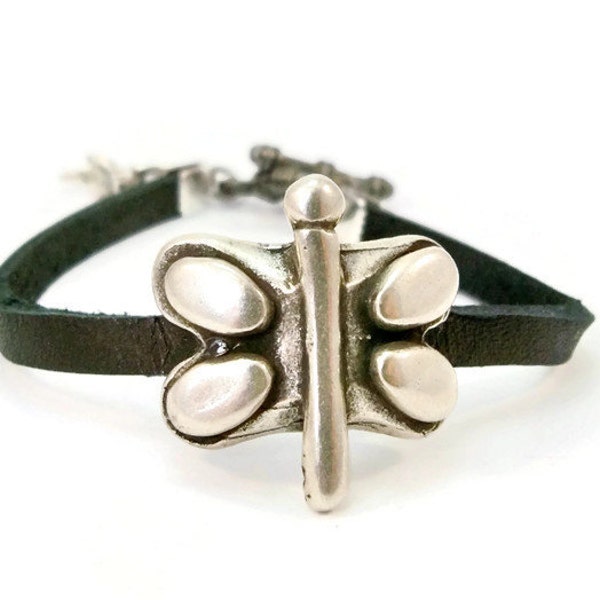 Black and Silver Leather Bracelet, Silver Dragonfly, Black Leather, Gift for Her, Leather Bracelet