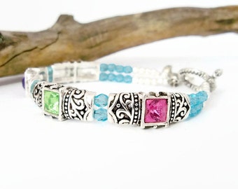 Crystal Cuff Bracelet, Antique Silver Bangle, Hummingbird Charm