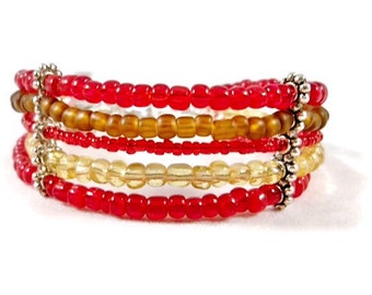 Red & Brown Beaded Cuff Bracelet, Multi Strand Toggle Clasp