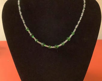 Green Bicone and Clear Seed Bead Necklace