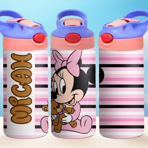 May include: Three pink and black striped water bottles with a blue lid and a pink push button. The centre bottle features a cartoon image of Minnie Mouse holding a teddy bear. The left bottle has the name "Micah" printed on it.