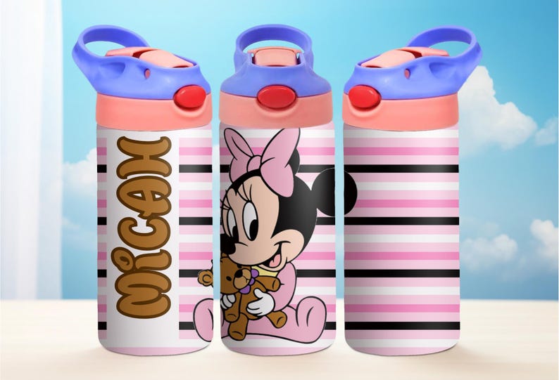 May include: Three pink and black striped water bottles with a blue lid and a pink push button. The centre bottle features a cartoon image of Minnie Mouse holding a teddy bear. The left bottle has the name "Micah" printed on it.