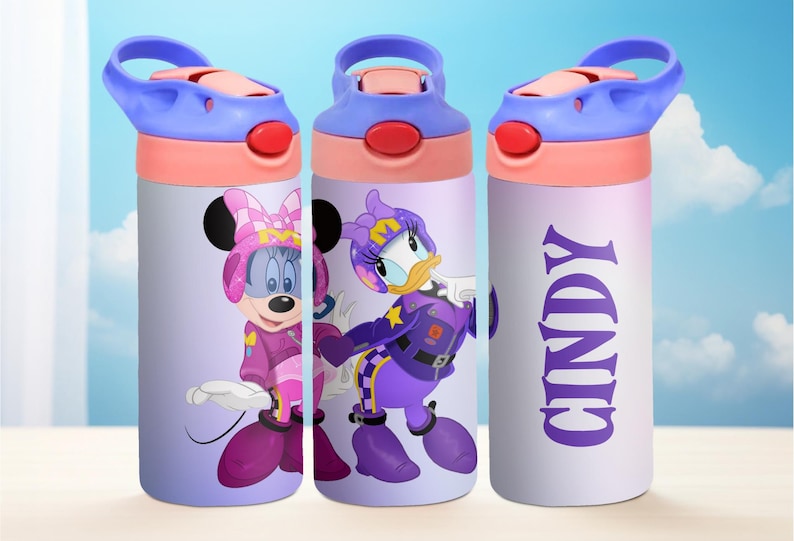 May include: Three purple and pink water bottles with different character designs. The first bottle features Minnie Mouse in a purple racing suit. The second bottle features Daisy Duck in a purple racing suit. The third bottle has the name "Cindy" written in purple letters.