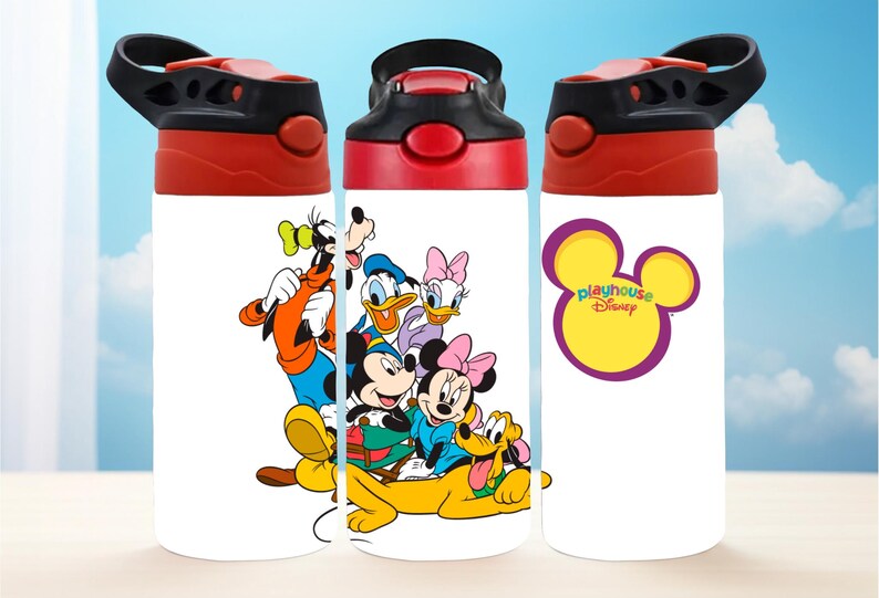 Pu&ograve; includere: Tre borracce bianche con coperchi neri e rossi. Una bottiglia presenta un gruppo di personaggi Disney, tra cui Topolino e Minnie. Un'altra ha il logo Playhouse Disney.