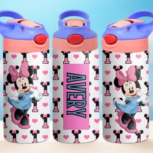 May include: Three pink and white water bottles with a Minnie Mouse design and the name Avery on one of the bottles.
