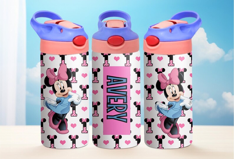 May include: Three pink and white water bottles with a Minnie Mouse design and the name Avery on one of the bottles.