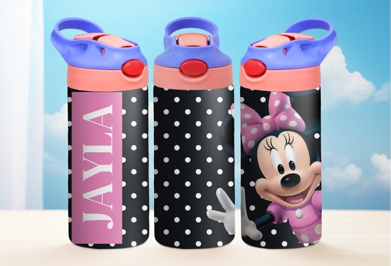 May include: Three black and white polka dot water bottles with different designs. One bottle has the name "JAYLA" in white letters on a pink background. Another bottle has a cartoon image of Minnie Mouse with a pink bow. The third bottle has a solid black and white polka dot design.