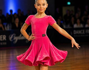Vestido de terciopelo a medida para niñas para competiciones de baile de salón / Leotardo, falda godet / Tallas 4-14 / Más de 25 colores