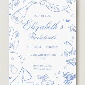 Puede incluir: Una invitación blanca con ilustraciones y texto azules para la despedida de soltera de Elizabeth. El diseño incluye una botella de champán, una tabla de surf, un velero, un bikini y otros iconos festivos. La invitación está fechada del 4 al 5 de agosto de 2026.